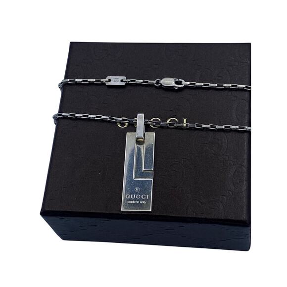 Authentic Gucci Pendant Necklace Mark Plate Rectangle Silver 19" - Picture 1 of 9